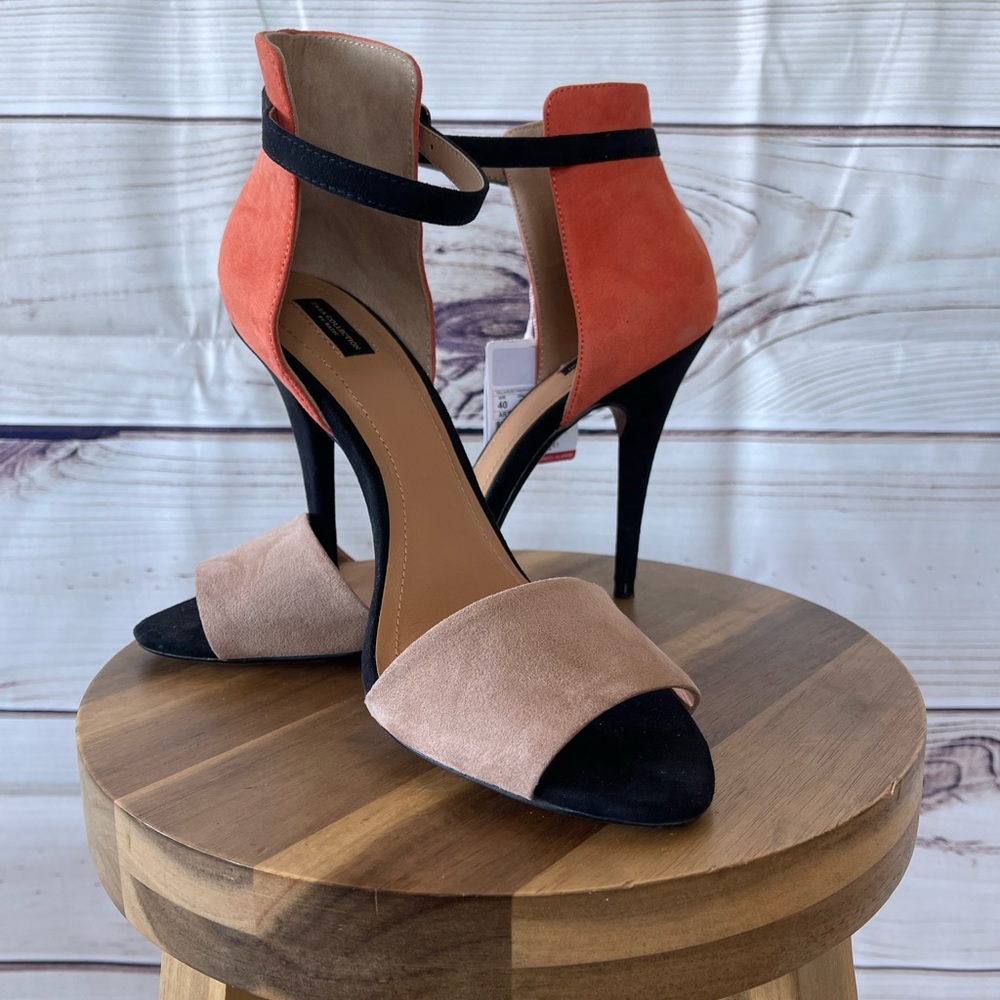 ZARA Orange Black Tan Color Block Heel Sandals